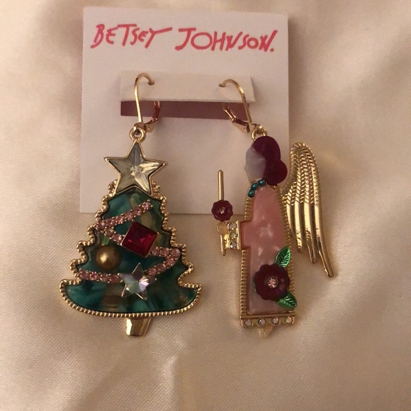 Betsey Johnson Gold Tone Feliz Navidad Angel & Christmas Tree Mismatch Earrings - Picture 8 of 12